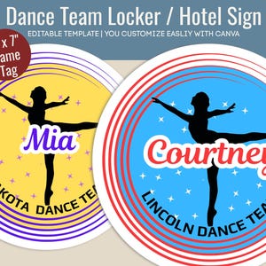 Dance Team Hotel door hanger, Dancer name tag, Locker decoration sign, Club Dance team travel pride sign, Customize Canva Template DTN002