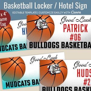 Good Luck Basketball Hotel door sign, Locker room decoration name tag, Team sports sign, Travel pride sign, Customize Canva Template BKN006