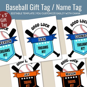 Good Luck Baseball Namen Geschenkanhänger, Team Snack Tasche Namensschild, Reise Turnier Goodies Zeichen, Leckerei Etikett, Anpassen Canva Vorlage BSGT001