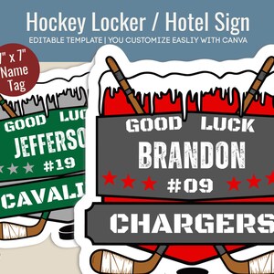 Hockey Hotel door sign, Locker room decoration name tag, Club Hockey team travel pride sign, Printable Sign, Customize Canva Template HKN009