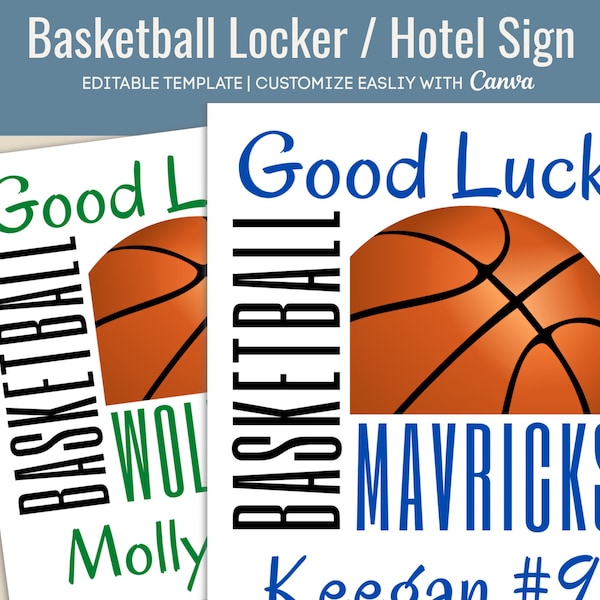 Good Luck Basketball Hotel door sign, Pep Rally Team spirit poster, Varsity Basketball locker sign tag, Customize Canva Template BKB021
