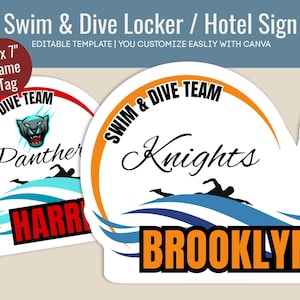 Swim & Dive Team Hotel door sign, Swim Locker decoration name tag sign, Dive team cutout travel pride sign, Customize Canva Template SWN004