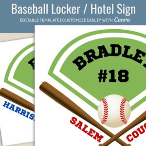 Baseball locker decoration name tag, Hotel door sign, Locker room poster, Team spirit, Travel pride sign, Customize Canva Template BSB020