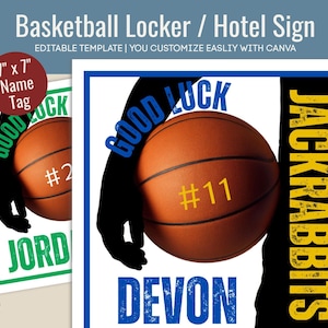 Good Luck Basketball Hotel door sign, Locker decoration name tag, Sport team travel pride cutout sign, Customize Canva Template BKN011