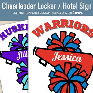 Cheerleader Locker decoration sign, Hotel door sign tag, Cheer Team spirit poster, Travel pride Name tag, Customizable Canva Template CHR004