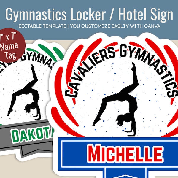 Gymnastics Hotel door sign, Gymnast name tag, Locker decoration sign tag, Club team travel pride sign, Customize Canva Template GMN001