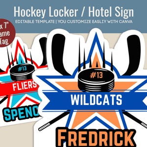 Hockey Editable door sign, decoration name tag for locker or hotel door travel pride sign, Printable Sign, Customize Canva Template HKN013