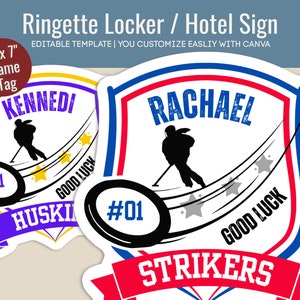 Znak na drzwi hotelu Ringette, tabliczka z nazwą na szafkę, znak z motywem dumy podróżnej zespołu Club Ringette, znak do druku, dostosuj szablon Canva RTN001