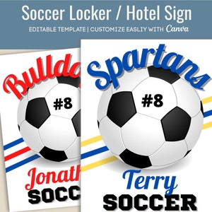 Soccer locker decoration, School Locker sign tag, Travel Team Hotel door sign, Club Soccer Team spirit sign, Editable Canva Template SCC006