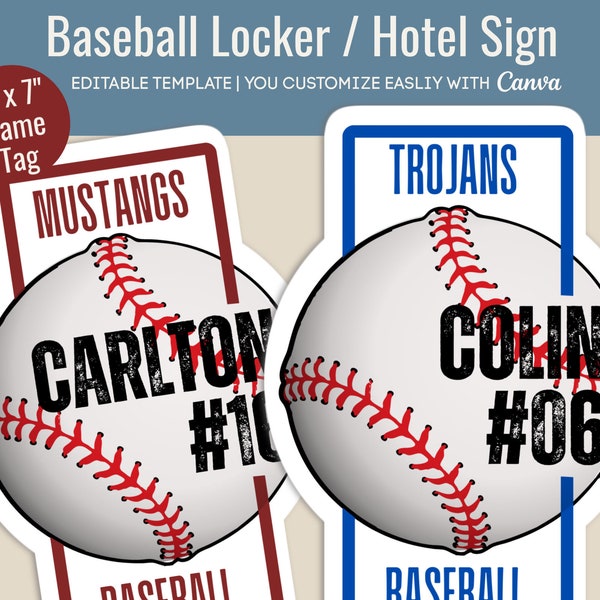 Baseball Hotel door sign, Locker decoration name tag, Baseball printable sign, Baseball game day sign, Customize Canva Template BSN006