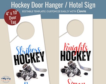 Hockey Hotel door hanger sign, Locker room decoration name tag, Club Hockey Team sign, Travel pride sign, Customize Canva Template HKDH001