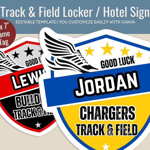 Good Luck Track and Field locker decoration cutout sign, Team Hotel Door sign, Track Meet Day Sign, Customize Canva Template TFN002