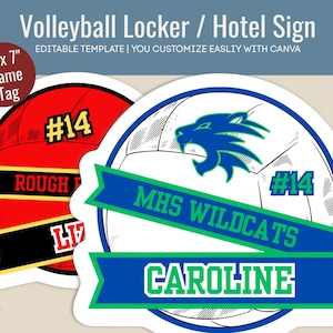 Volleyball name tag sign, personalized printable for player’s room, locker, or hotel door during travel games. Canva Template VBN014