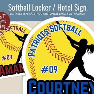 Cartello porta hotel softball, targhetta con nome per decorazione armadietto, cartello stampabile softball, cartello giorno partita softball, personalizza modello Canva SFN009
