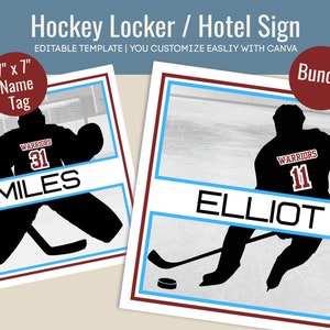 Hockey Bundle Locker decoration name tag, Club Hockey team and goalie travel cutout sign, Printable Sign, Customize Canva Template HKN008