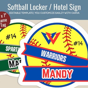 Softball Hotel door sign, Locker decoration name tag, Softball spirit printable sign, Softball game day tag, Customize Canva Template SFN014
