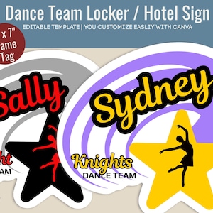 Dance Team Hotel door hanger, Dancer name tag, Locker decoration sign, Club Dance team travel pride sign, Customize Canva Template DTN001