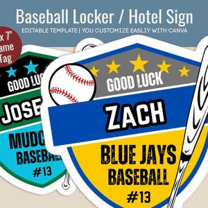 Baseball Hotel door sign, Good Luck Locker decoration name tag, Baseball printable game day cutout sign, Customize Canva Template BSN012