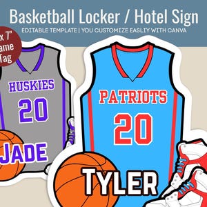 Basketball Jersey Hotel door sign, Locker decoration name tag, Travel Team pride sign, Cutout Player Sign, Customize Canva Template BKN020