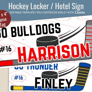 Cartello porta Hockey Hotel, targhetta con nome per decorazione spogliatoio, cartello ritagliato Club Hockey Travel Pride, personalizza modello Canva HKN016