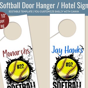 Softball Gameday Hotel door hanger sign, Door decoration name tag, Bedroom door hanger, Travel pride sign, Customize Canva Template SFDH002