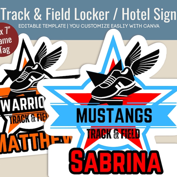 Track and Field locker decoration cutout sign, Travel Team Hotel Door sign, Track Meet Day Sign, Customize Canva Template TFN003