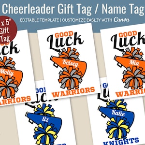 Etykieta upominkowa z imieniem „Good Luck Cheerleader”, personalizuj etykietę z imieniem „Cheer”, etykieta upominkowa na prezent na spotkanie podróżne, dostosuj szablon Canva CHGT002
