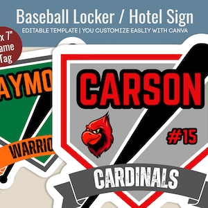 Etichetta con nome per decorazione armadietto da baseball, cartello porta hotel baseball, cartello stampabile per giorno partita baseball, personalizza modello Canva BSN015