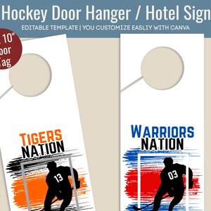 Cartello da appendere alla porta dell'hotel di hockey, targhetta decorativa per spogliatoio, cartello da viaggio per la squadra di hockey del club, modello Canva personalizzabile stampabile HKDH003