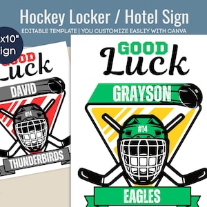 Good Luck Hockey Locker Sign, Hockey Travel Hotel door sign, Locker room decoration tag, Club Hockey sign, Customize Canva Template HKY014