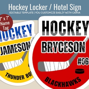 Hockey Hotel door sign, Locker decoration name tag, Club Hockey team travel pride sign, Printable Sign, Customize Canva Template HKN006