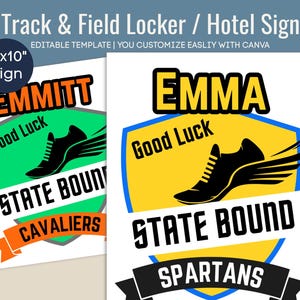 Track & Field Good Luck State Bound locker sign tag, Travel Team Hotel door sign, Team spirit name tag sign, Customize Canva Template TNF011
