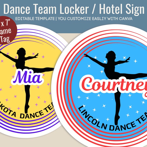 Dance Team Hotel door hanger, Dancer name tag, Locker decoration sign, Club Dance team travel pride sign, Customize Canva Template DTN002