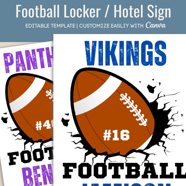 Football Hotel door sign, Locker room tag, Pep Rally Team spirit poster, Travel pride sign, Varsity Sports, Customize Canva Template FTB016