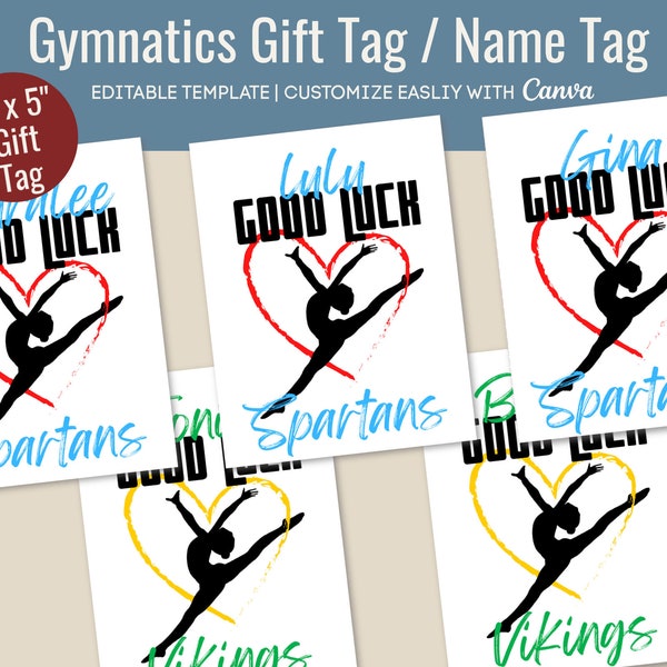 Good Luck Gymnastics Name Gift Tag, Dance Team name tag for travel goodie bag, Gymnast Treat gift label, Customize Canva Template GMGT001