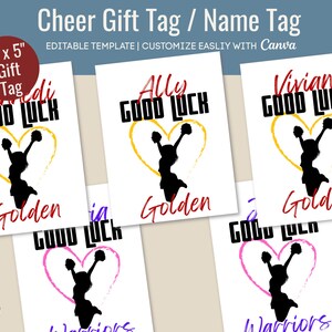 Etykieta upominkowa z imieniem „Good Luck Cheerleader”, etykieta upominkowa z imieniem „Cheer Travel Meet”, etykieta upominkowa „Goodie”, dostosowywany szablon Canva CHGT003