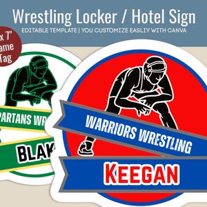 Cartello porta hotel per wrestling maschile, targhetta con nome per decorazione armadietto, cartello da viaggio stampabile per wrestling Varsity Pride, personalizza modello Canva WRN006