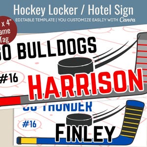 Hockey Hotel door sign, Locker room decoration name tag, Club Hockey travel pride cutout sign, Customize Canva Template HKN016