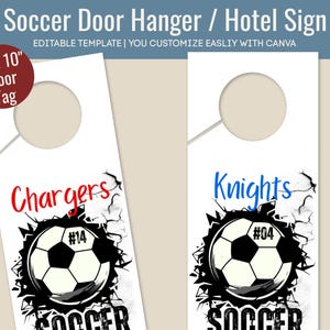Soccer Hotel door hanger, Locker room decoration name tag, Match Day Travel pride sign, Bedroom door sign, Customize Canva Template SCDH004