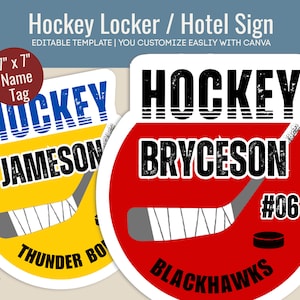 Hockey Hotel door sign, Locker decoration name tag, Club Hockey team travel pride sign, Printable Sign, Customize Canva Template HKN006