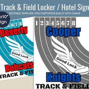 Good Luck Track & Field Locker tag sign, Travel Team Hotel door sign, Track team name tag, Customizable Canva Template TKF004