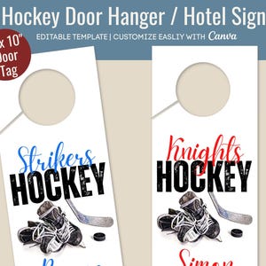 Hockey Hotel door hanger sign, Locker room decoration name tag, Club Hockey Team sign, Travel pride sign, Customize Canva Template HKDH001