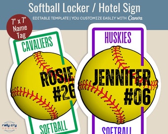 Softball Hotel door sign, Locker decoration name tag, Softball printable sign, Softball game day sign, Customize Canva Template SFN006