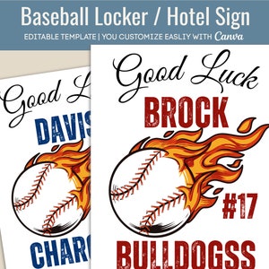Powodzenia Baseball szafka dekoracyjna etykieta z nazwą, znak na drzwi hotelu, plakat do szatni, znak Baseball pride, dostosuj szablon Canva BSB017