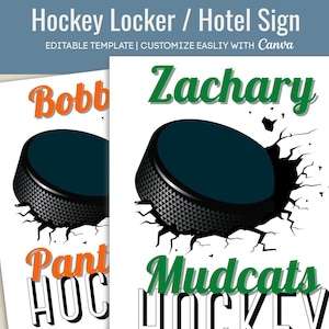 Hockey Hotel door sign, Locker room tag, Club Hockey name tag sign, Travel pride sign, Hockey game day sign, Customize Canva Template HKY007
