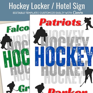 Hockey Locker Sign, Travel Hotel door pride sign, Locker room decoration tag, Club Hockey name tag sign, Customize Canva Template HKY012