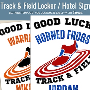 Good Luck Track & Field Locker Sign tag, Hotel Door sign, Locker room decoration, Track Meet name tag, Customizable Canva Template TNF007