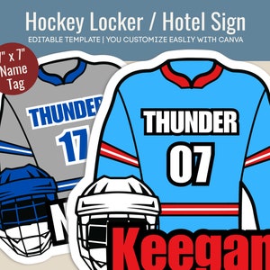 Hockey Hotel door sign, Locker decoration name tag, Club Hockey team travel pride sign, Printable Cutout, Customize Canva Template HKN007