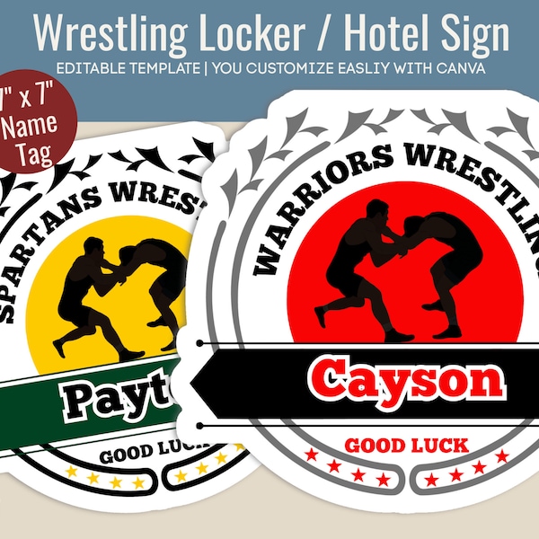 Good Luck Boys Wrestling Hotel door sign, Locker decoration, Printable pride Varsity Wrestling Name Tag, Customize Canva Template WRN001