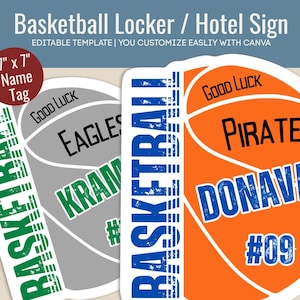 Good Luck Basketball Hotel door sign, Locker decoration name tag, Sport team travel pride sign, Customize Canva Template BKN009